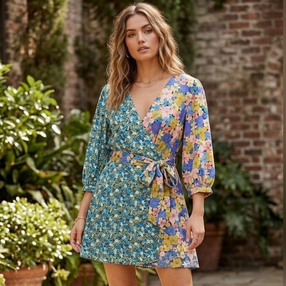 Nasty Gal Floral Wrap Mini Dress Womens 6 Multicolor Mixed Print Split Boho 70s